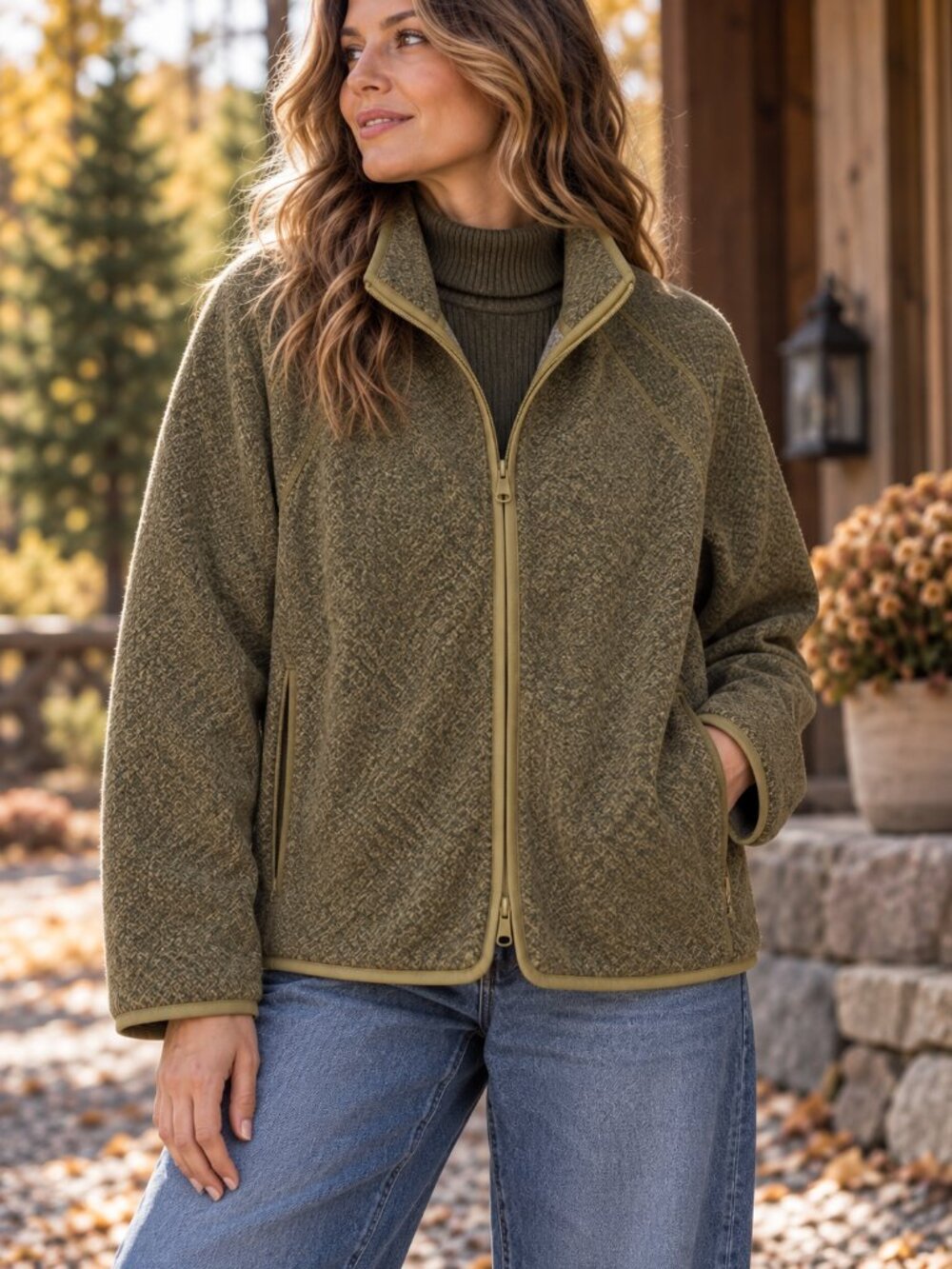 Athleta Stroll Fleece Full Zip Tapestry Olive Gold Jacket XL Hiking Gorpcore NWO